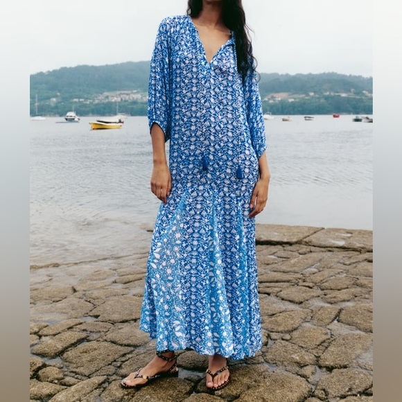ZARA Blue/White BOHO FLORAL dotted MESH PRINTED MIDI DRESS sz XL - Picture 2 of 4